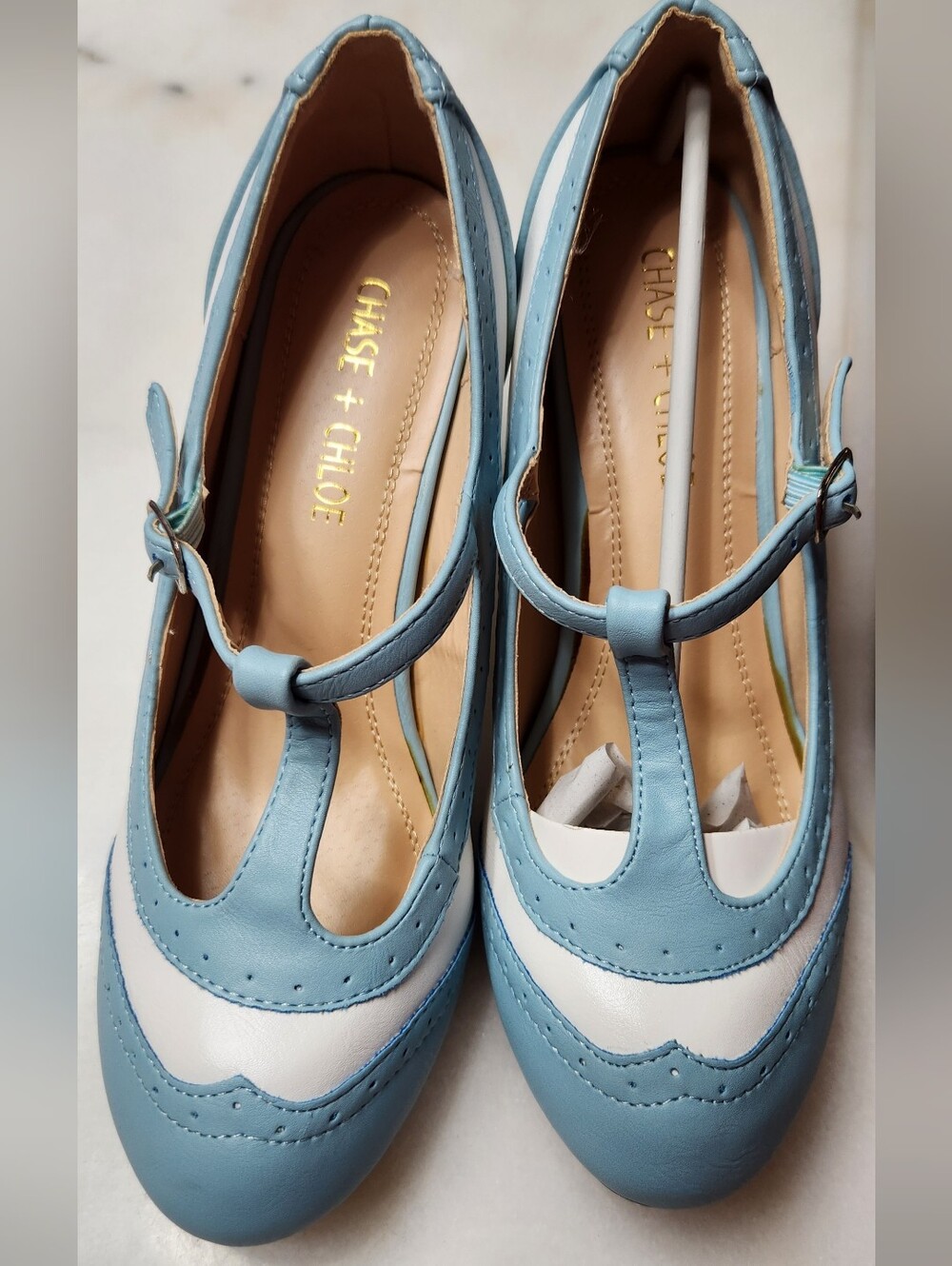 Chase + Chloe Powder Blue and White T-Strap Brogue Heels